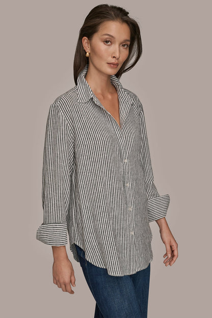 Donna Karan LINEN-BLEND STRIPED SHIRT