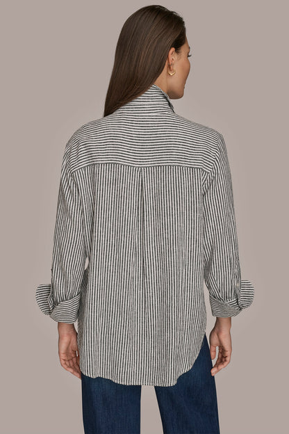 Donna Karan LINEN-BLEND STRIPED SHIRT
