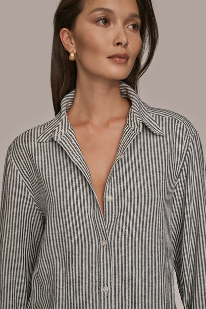 Donna Karan LINEN-BLEND STRIPED SHIRT