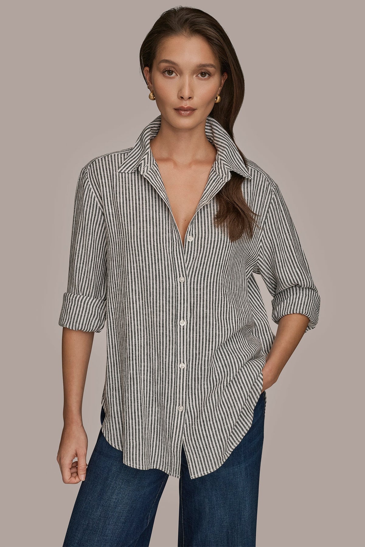 Donna Karan LINEN-BLEND STRIPED SHIRT
