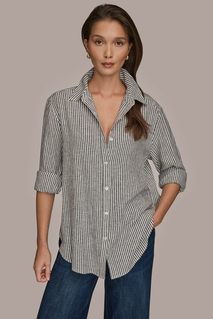 Donna Karan LINEN-BLEND STRIPED SHIRT