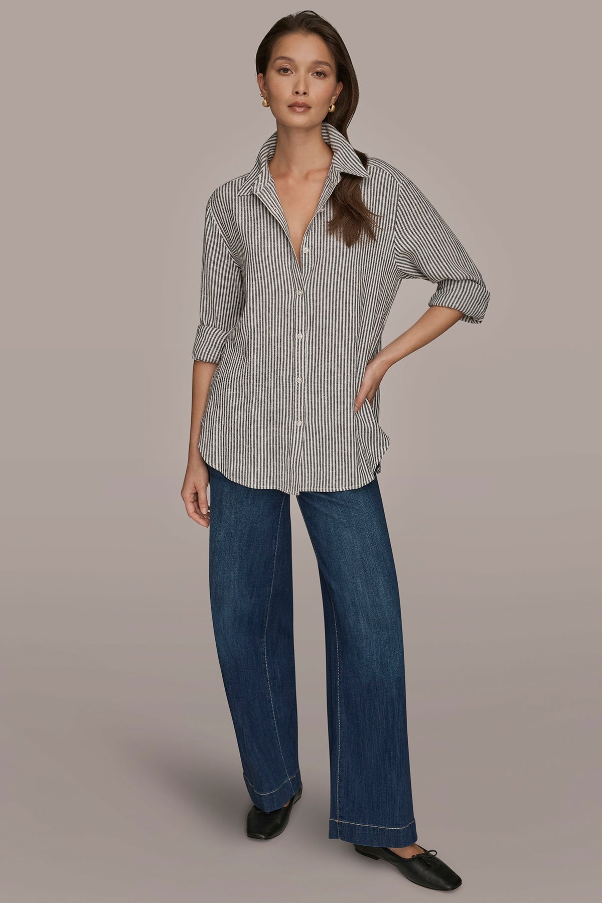 Donna Karan LINEN-BLEND STRIPED SHIRT