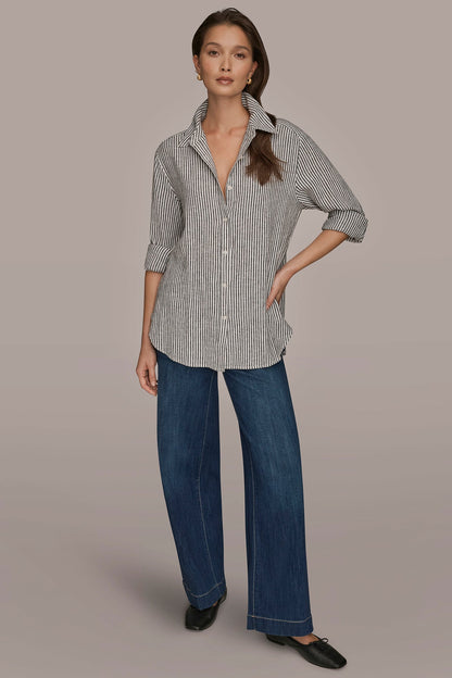 Donna Karan LINEN-BLEND STRIPED SHIRT