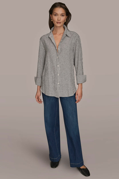 Donna Karan LINEN-BLEND STRIPED SHIRT