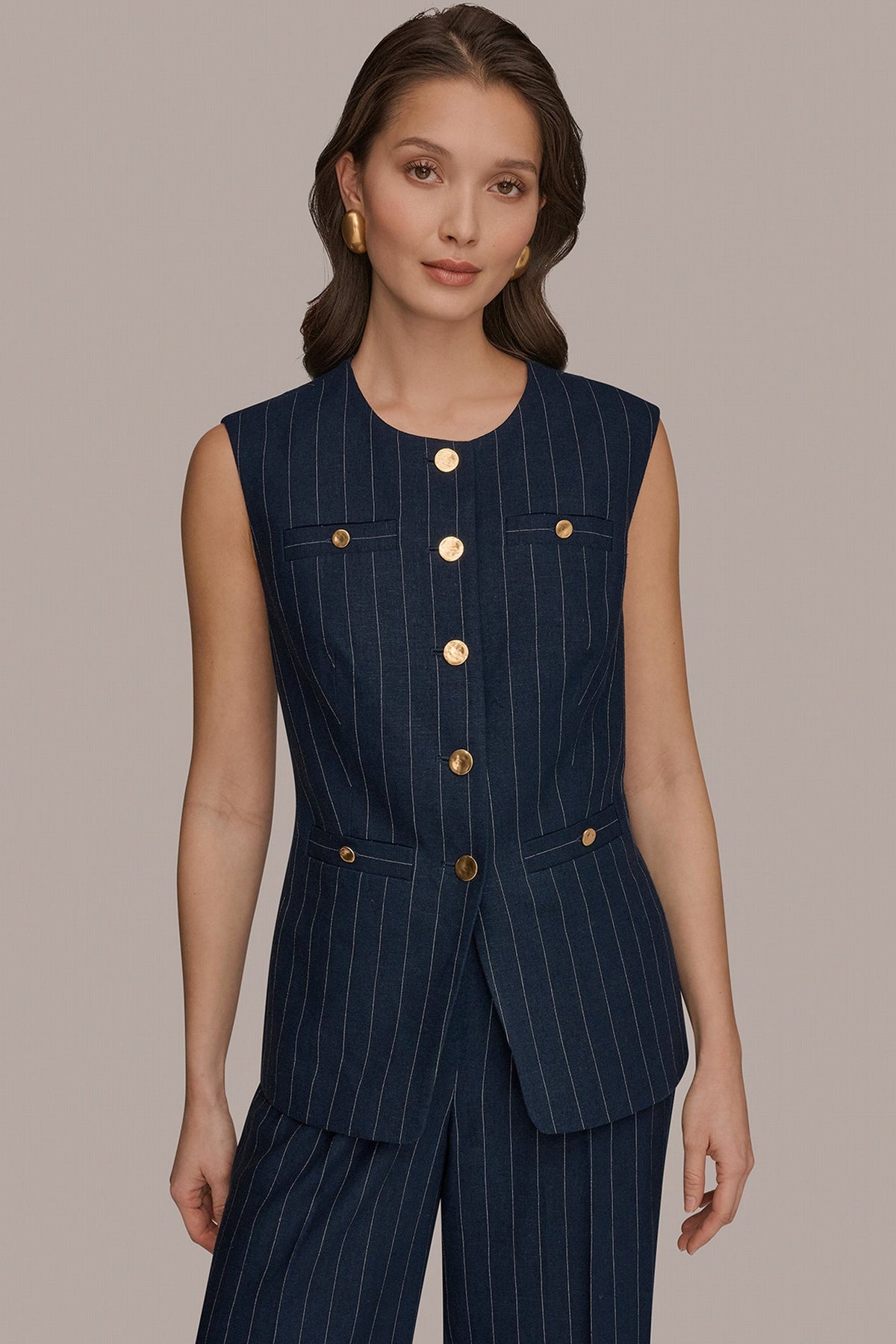 Donna Karan LINEN-BLEND PINSTRIPE LONGLINE VEST