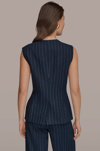 Donna Karan LINEN-BLEND PINSTRIPE LONGLINE VEST