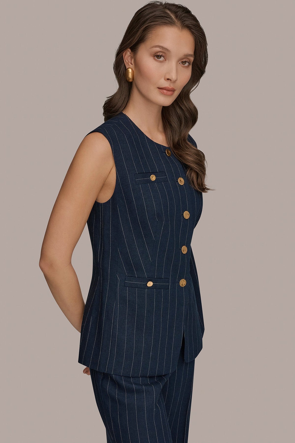 Donna Karan LINEN-BLEND PINSTRIPE LONGLINE VEST