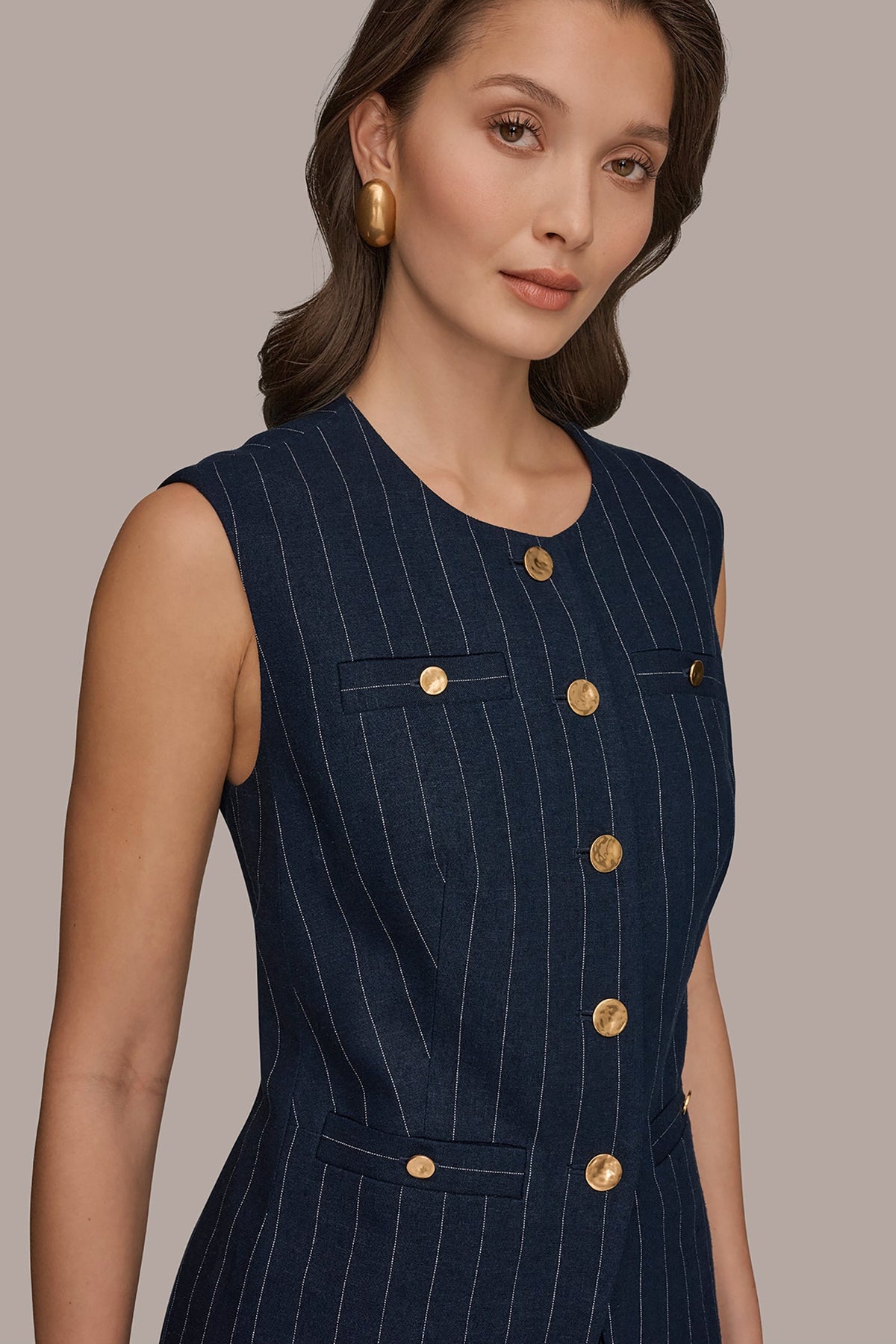 Donna Karan LINEN-BLEND PINSTRIPE LONGLINE VEST