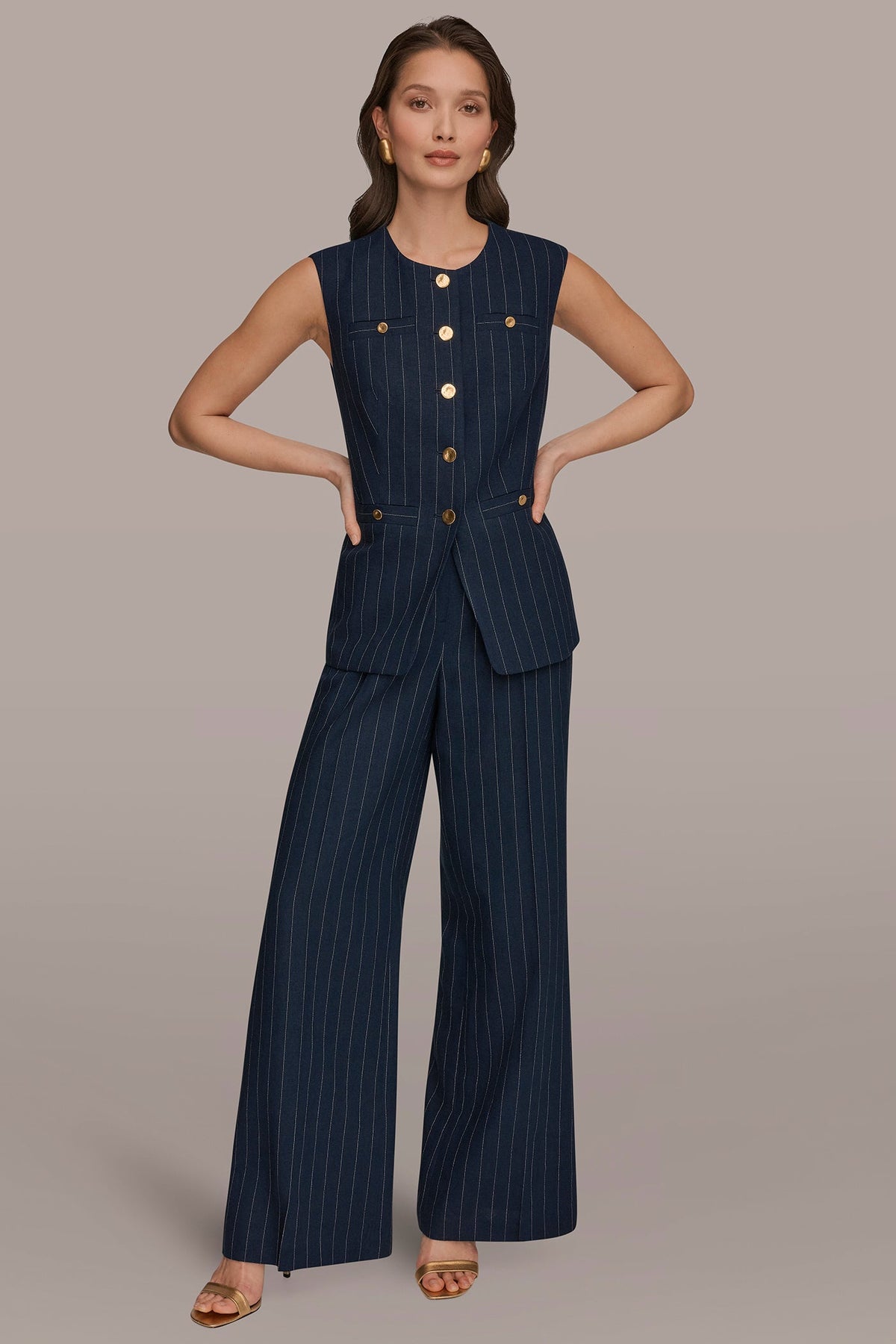 Donna Karan LINEN-BLEND PINSTRIPE LONGLINE VEST
