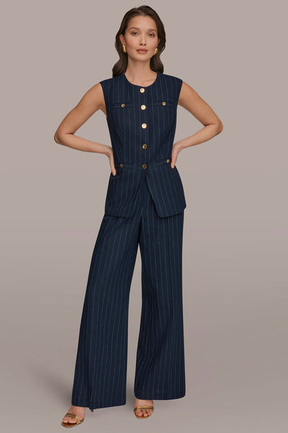 Donna Karan LINEN-BLEND PINSTRIPE LONGLINE VEST