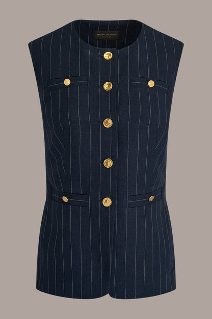 Donna Karan LINEN-BLEND PINSTRIPE LONGLINE VEST