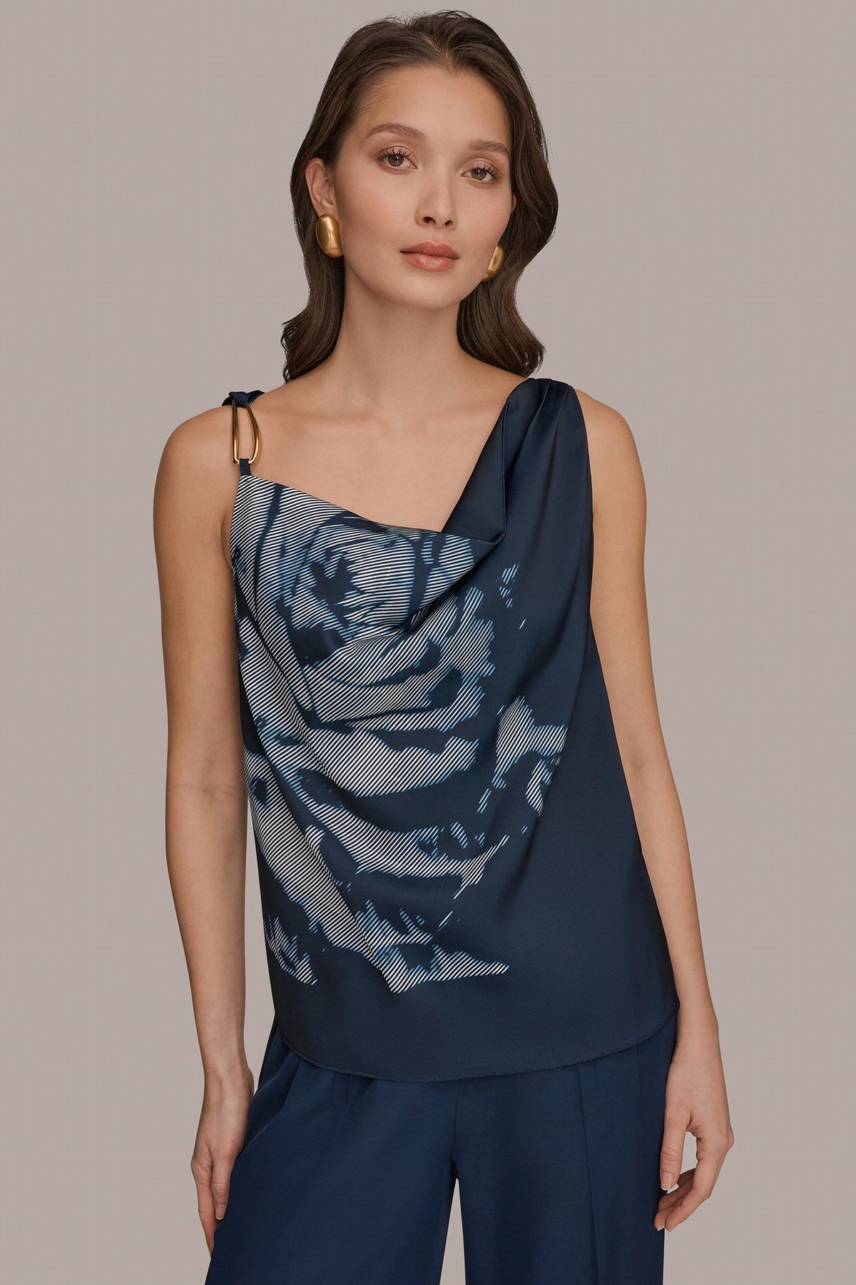Donna Karan FLORAL COWL-NECK CUTOUT SHOULDER CAMI