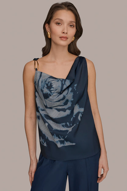 Donna Karan FLORAL COWL-NECK CUTOUT SHOULDER CAMI