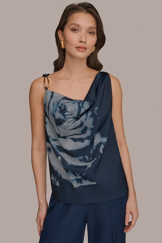 Donna Karan FLORAL COWL-NECK CUTOUT SHOULDER CAMI