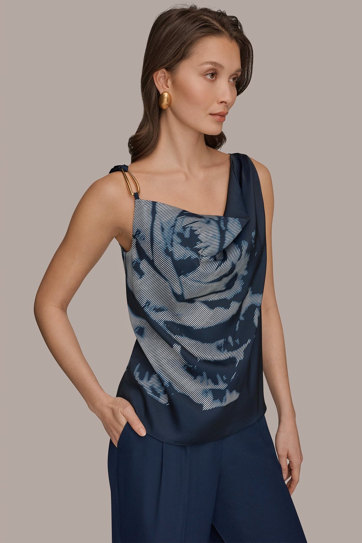 Donna Karan FLORAL COWL-NECK CUTOUT SHOULDER CAMI