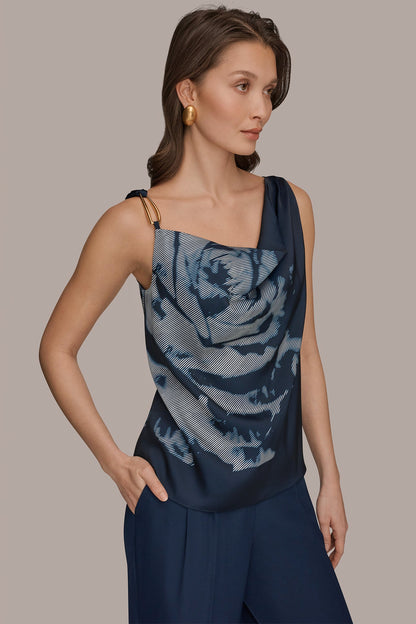 Donna Karan FLORAL COWL-NECK CUTOUT SHOULDER CAMI