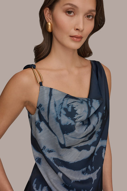 Donna Karan FLORAL COWL-NECK CUTOUT SHOULDER CAMI