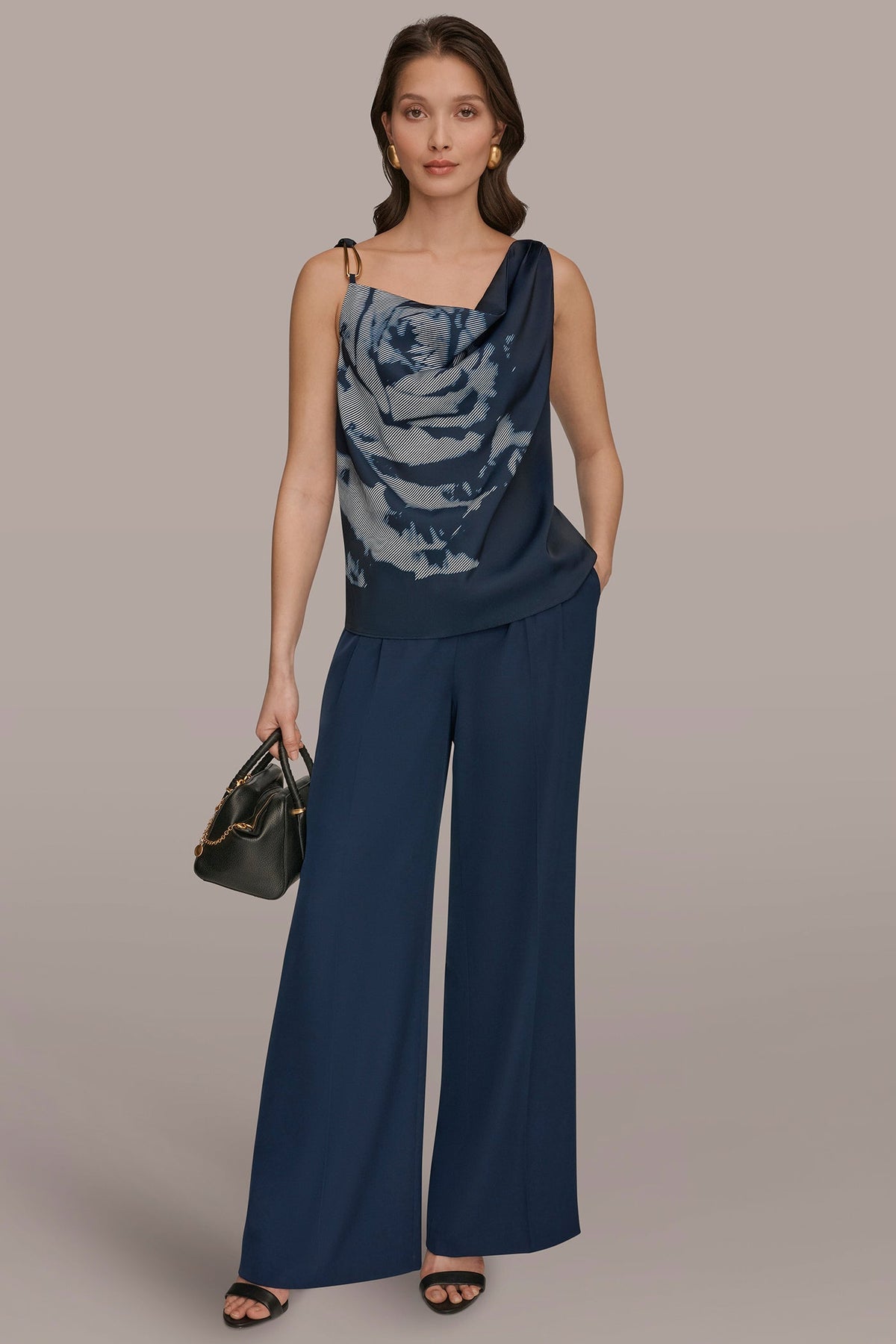 Donna Karan FLORAL COWL-NECK CUTOUT SHOULDER CAMI