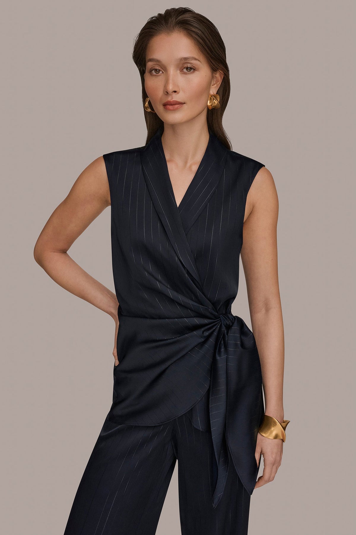Donna Karan PINSTRIPE FAUX WRAP TOP