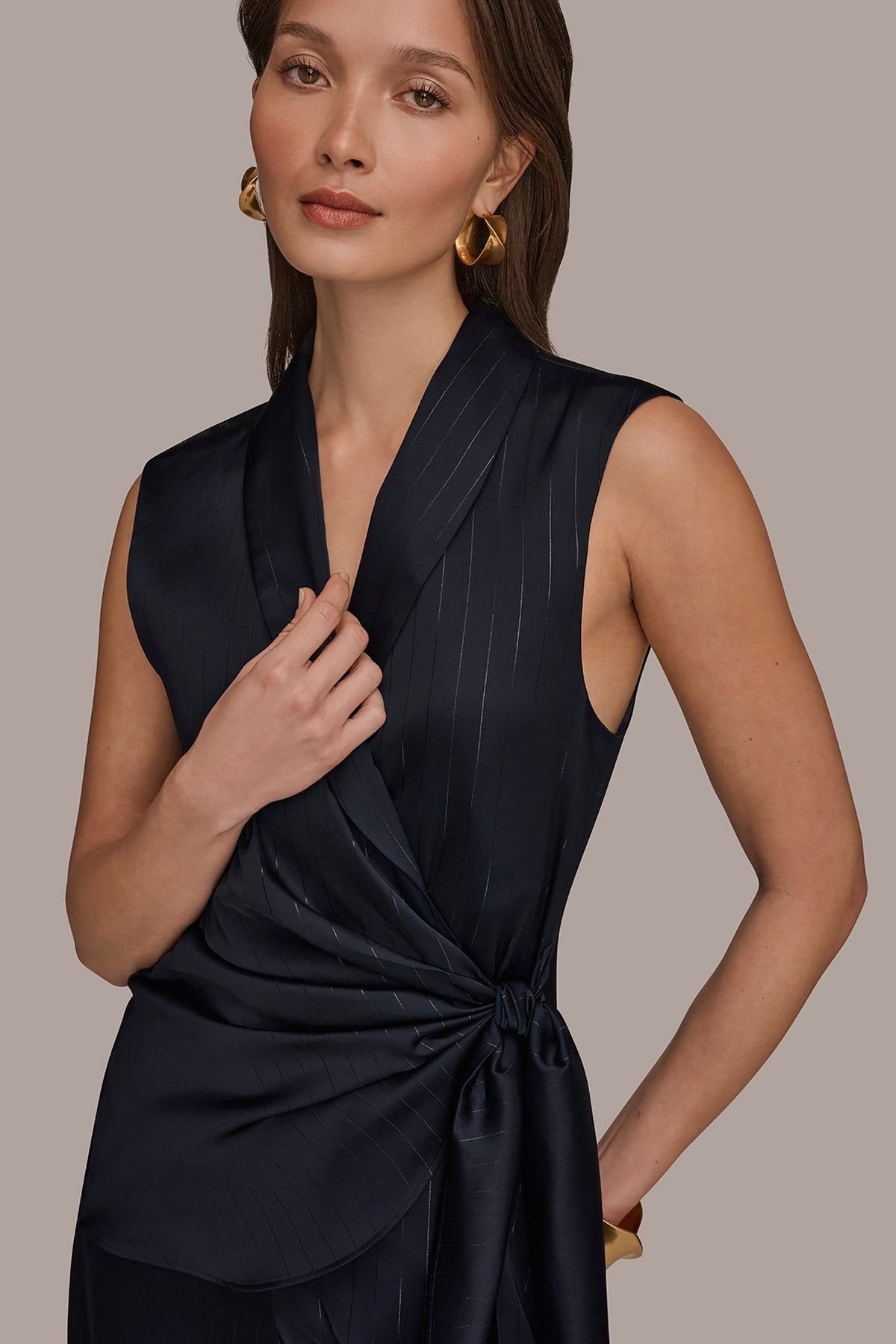 Donna Karan PINSTRIPE FAUX WRAP TOP