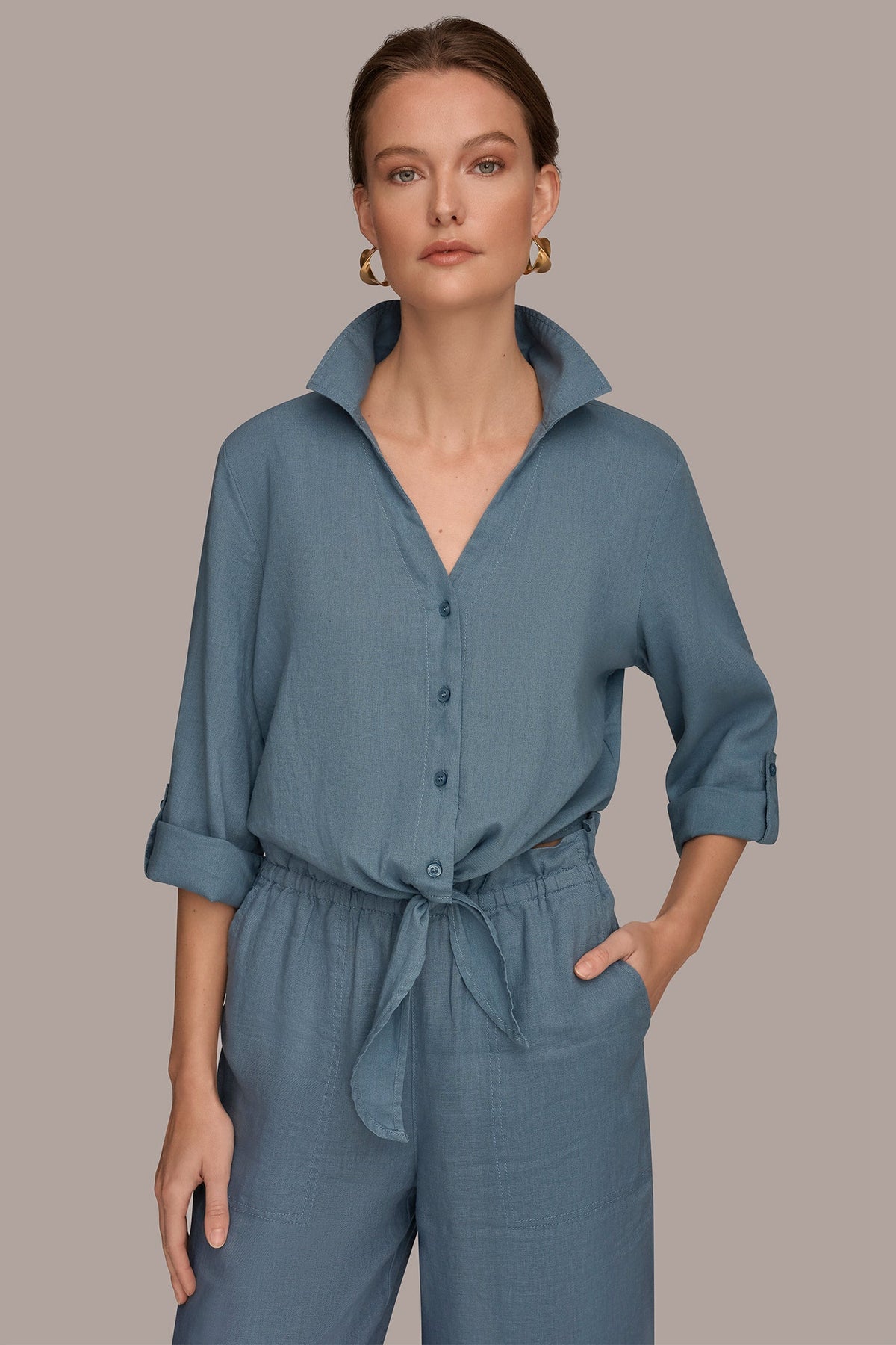 Donna Karan LONG SLEEVE TIE-FRONT BLOUSE