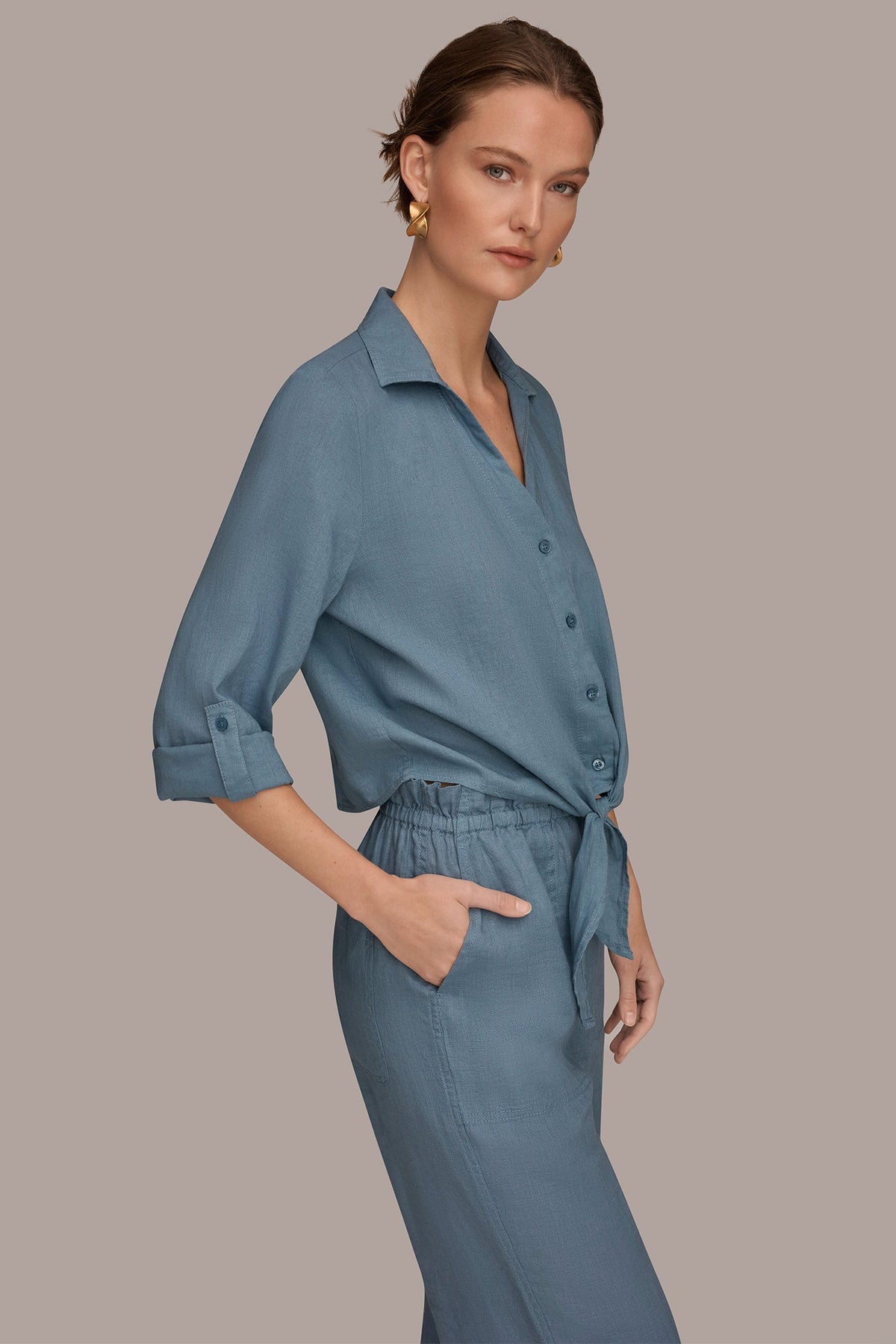 Donna Karan LONG SLEEVE TIE-FRONT BLOUSE