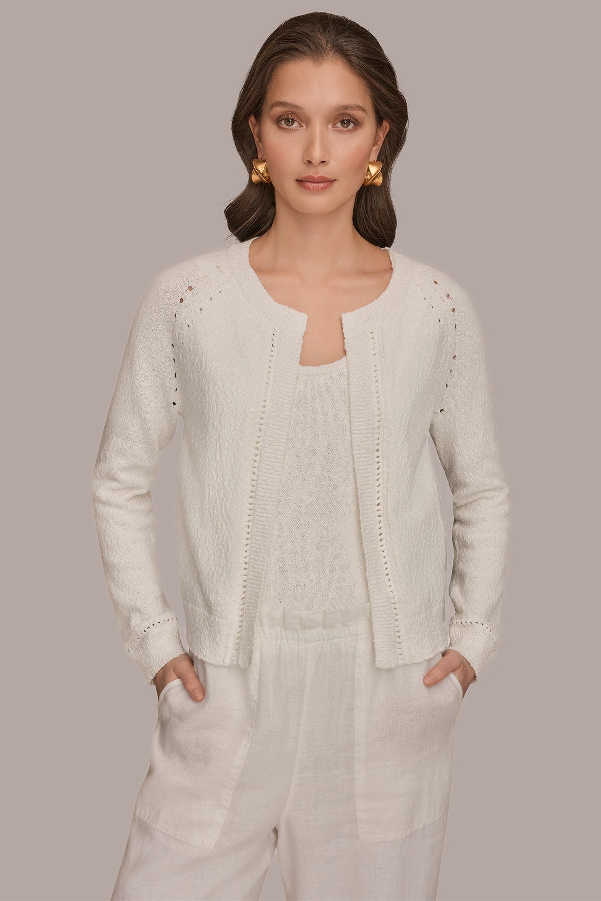 Donna Karan POINTELLE TRIM CARDIGAN