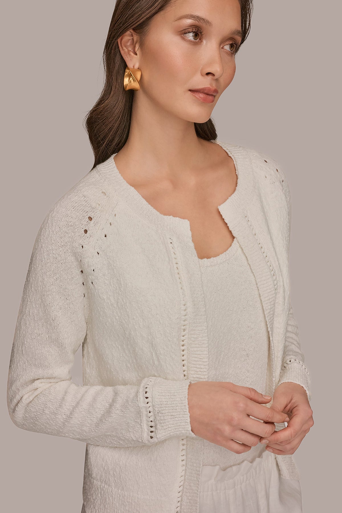 Donna Karan POINTELLE TRIM CARDIGAN