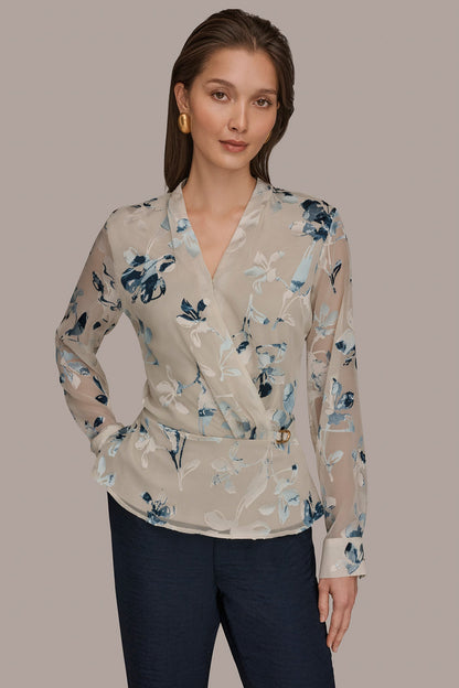 Donna Karan LONG SLEEVE BURNOUT FOIL WRAP BLOUSE
