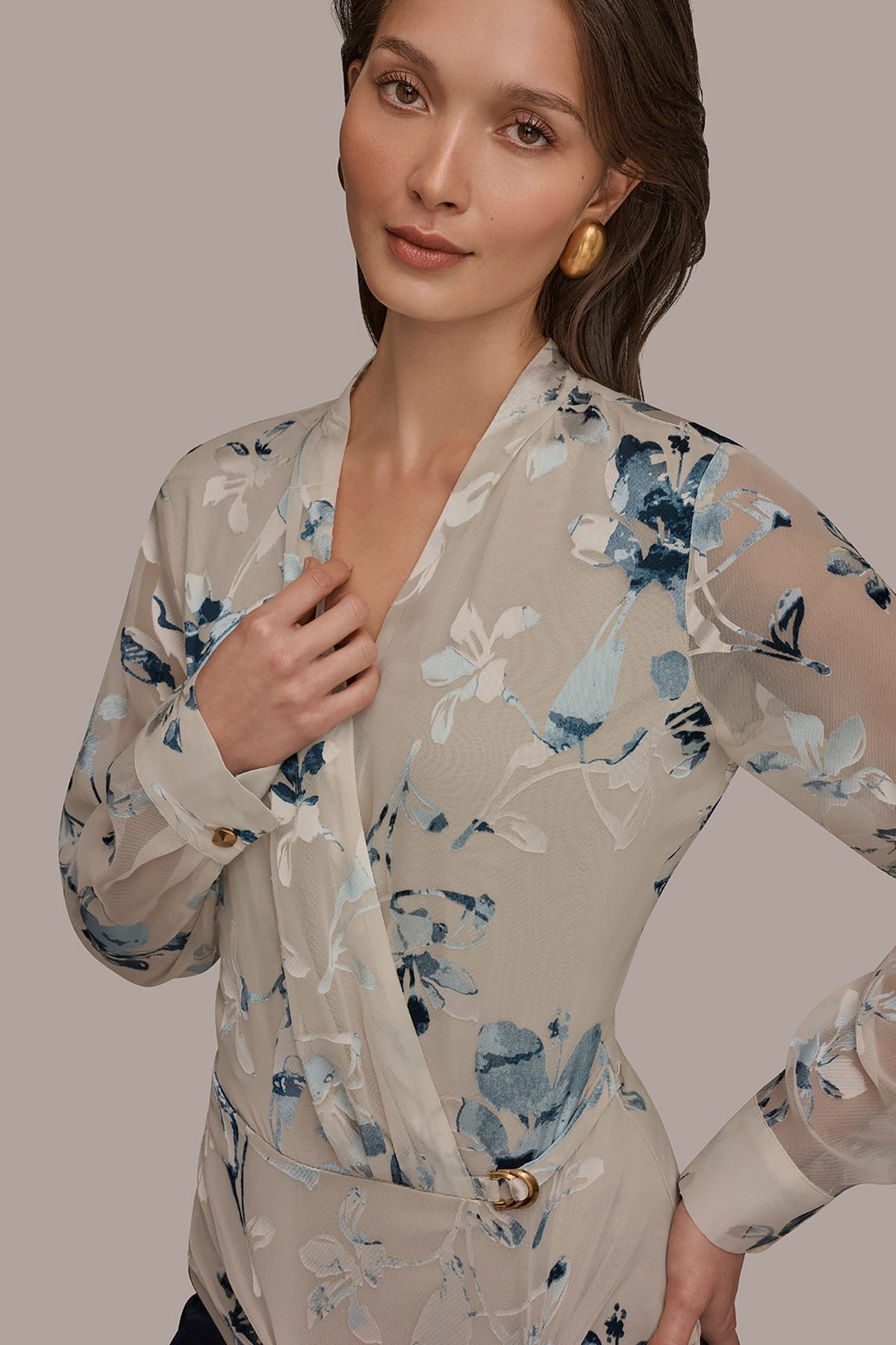 Donna Karan LONG SLEEVE BURNOUT FOIL WRAP BLOUSE