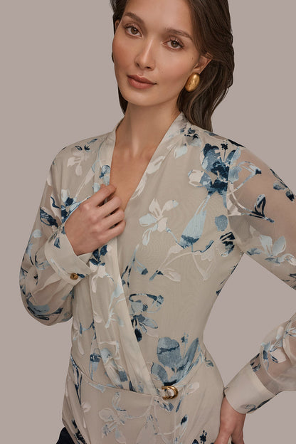 Donna Karan LONG SLEEVE BURNOUT FOIL WRAP BLOUSE