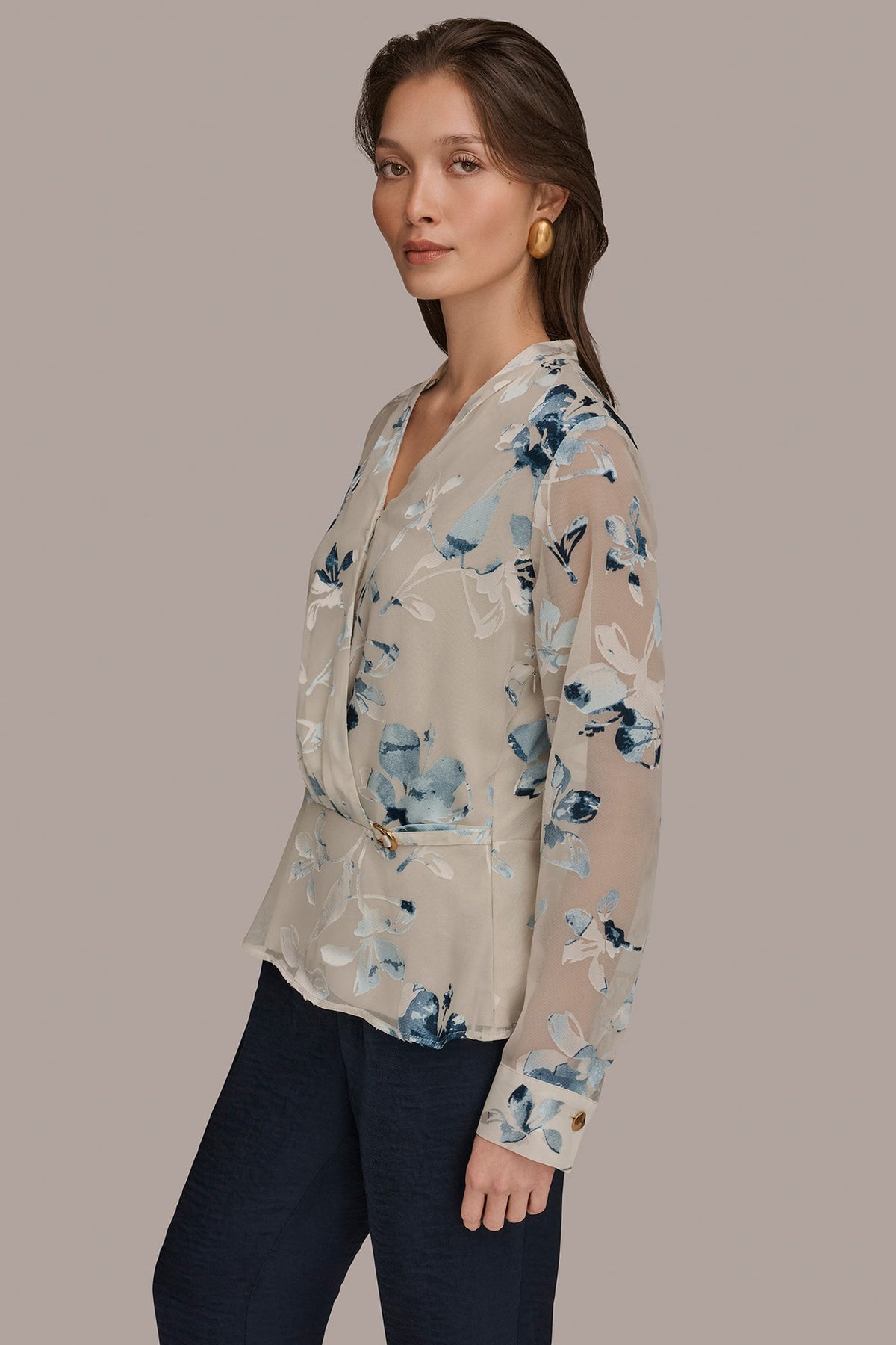 Donna Karan LONG SLEEVE BURNOUT FOIL WRAP BLOUSE