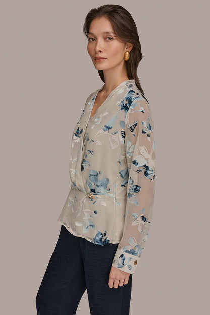 Donna Karan LONG SLEEVE BURNOUT FOIL WRAP BLOUSE