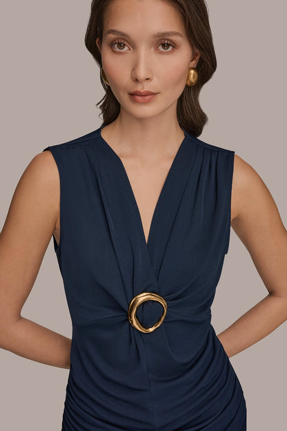 Donna Karan DEEP V-NECK BUCKLE BLOUSE