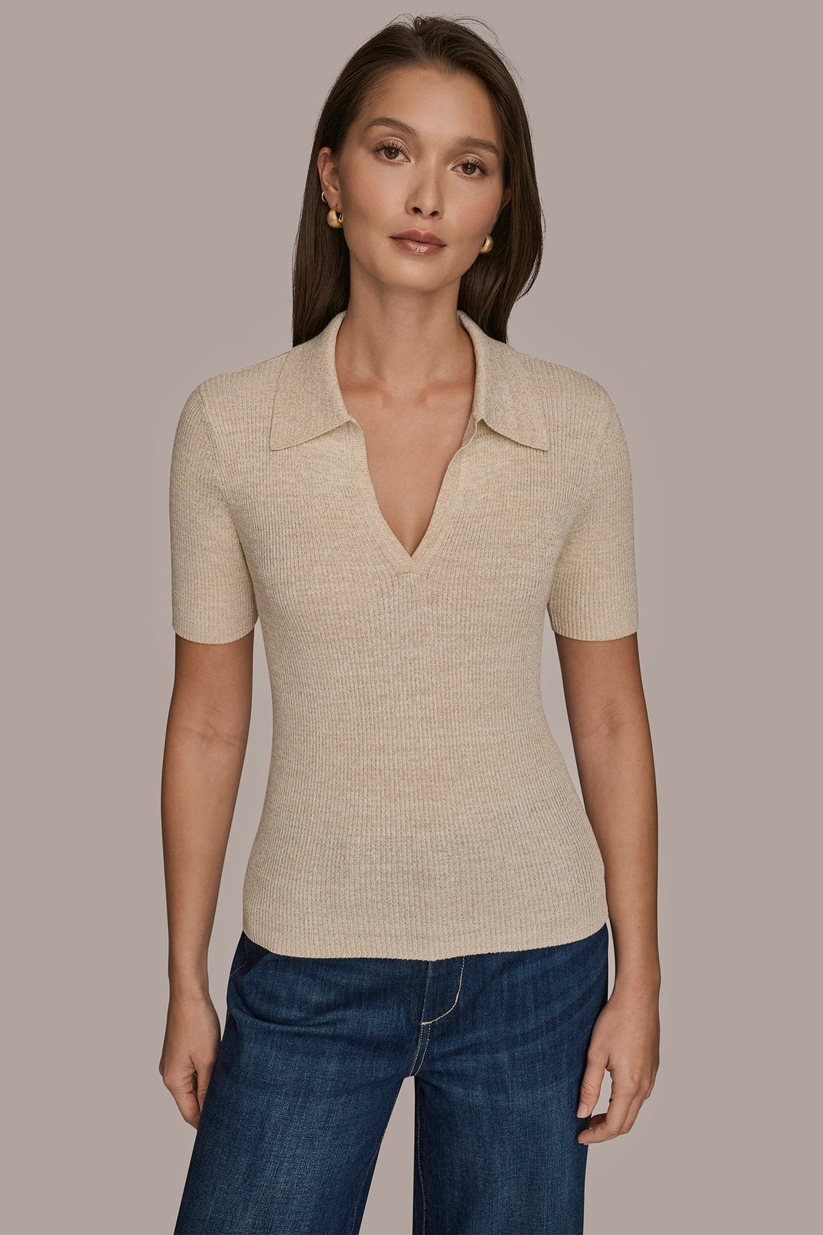 Donna Karan ELBOW-SLEEVE METALLIC RIBBED POLO SWEATER