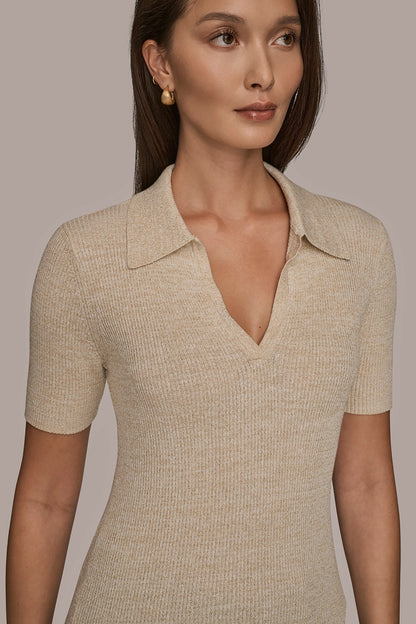 Donna Karan ELBOW-SLEEVE METALLIC RIBBED POLO SWEATER
