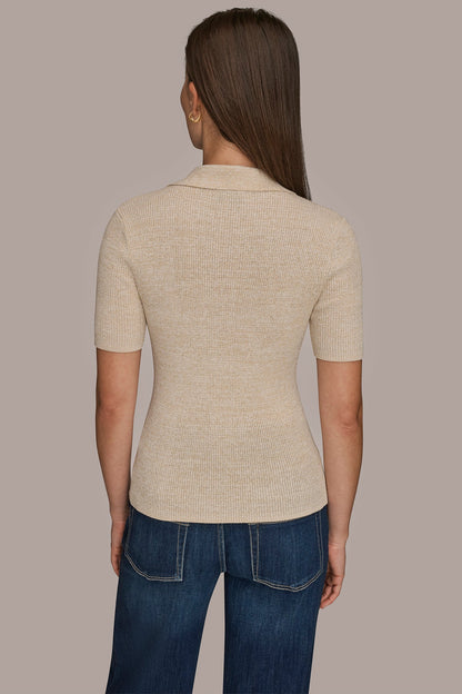 Donna Karan ELBOW-SLEEVE METALLIC RIBBED POLO SWEATER