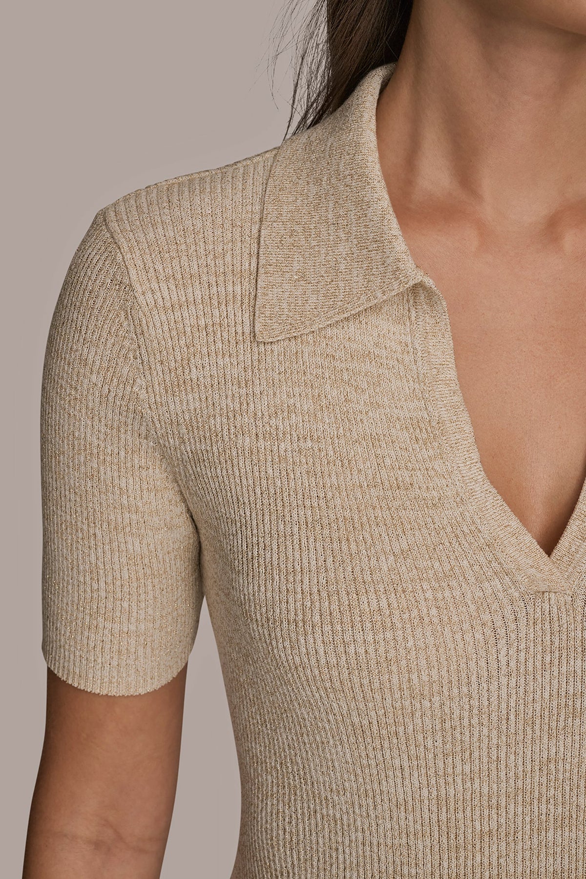 Donna Karan ELBOW-SLEEVE METALLIC RIBBED POLO SWEATER