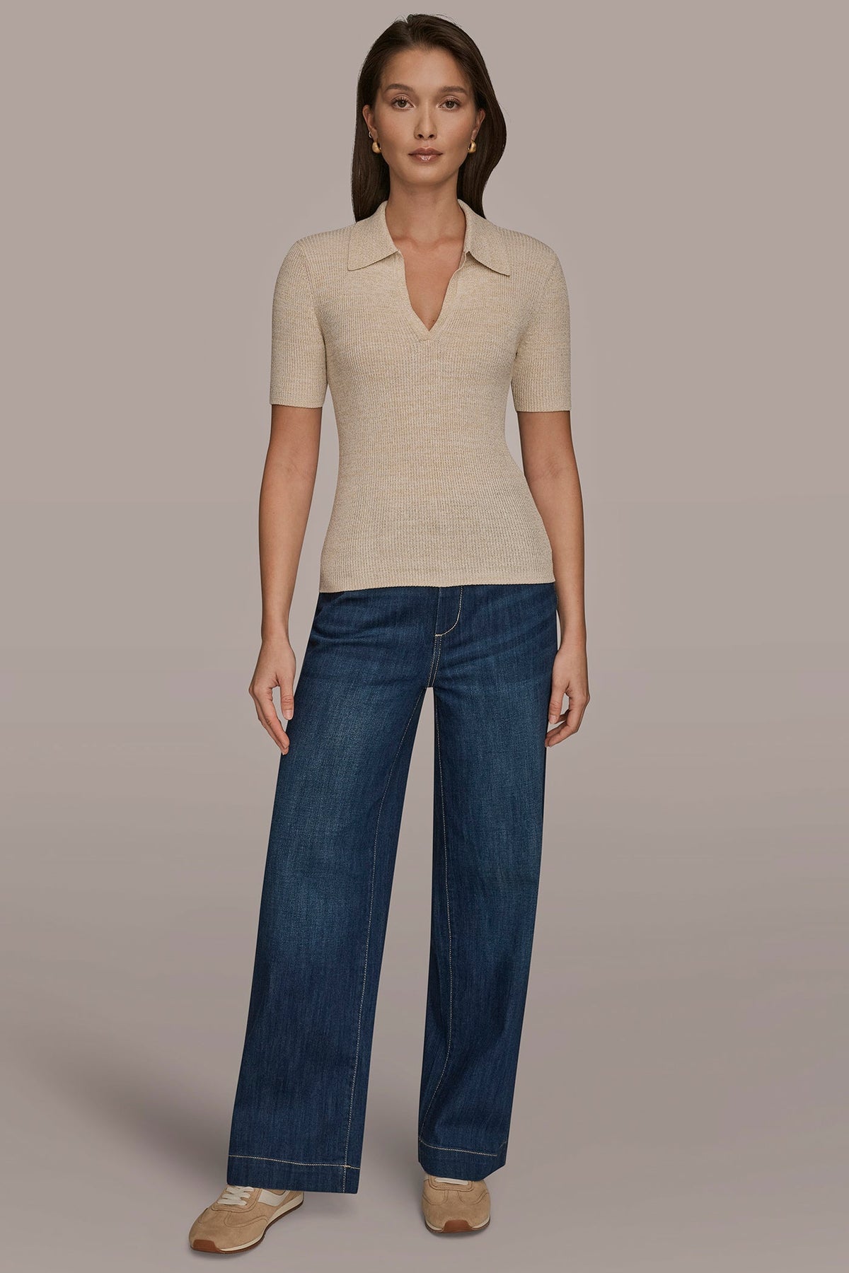 Donna Karan ELBOW-SLEEVE METALLIC RIBBED POLO SWEATER