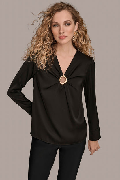Donna Karan LONG SLEEVE RING V-NECK BLOUSE
