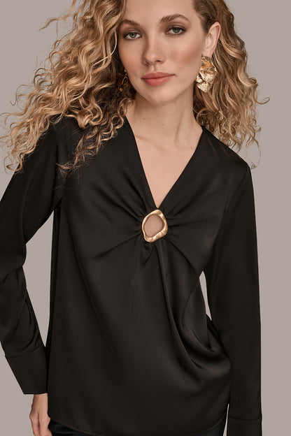 Donna Karan LONG SLEEVE RING V-NECK BLOUSE