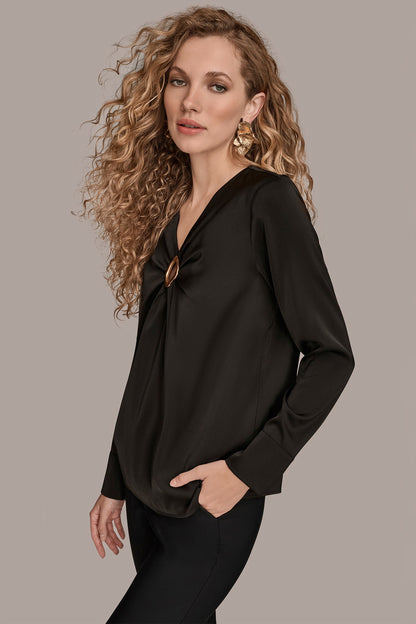 Donna Karan LONG SLEEVE RING V-NECK BLOUSE