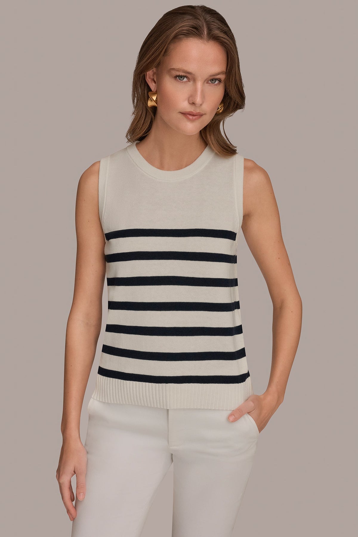 Donna Karan COTTON AND CASHMERE SLEEVELESS STRIPED SWEATER
