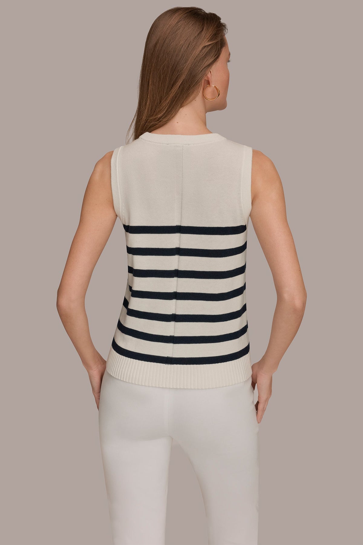 Donna Karan COTTON AND CASHMERE SLEEVELESS STRIPED SWEATER