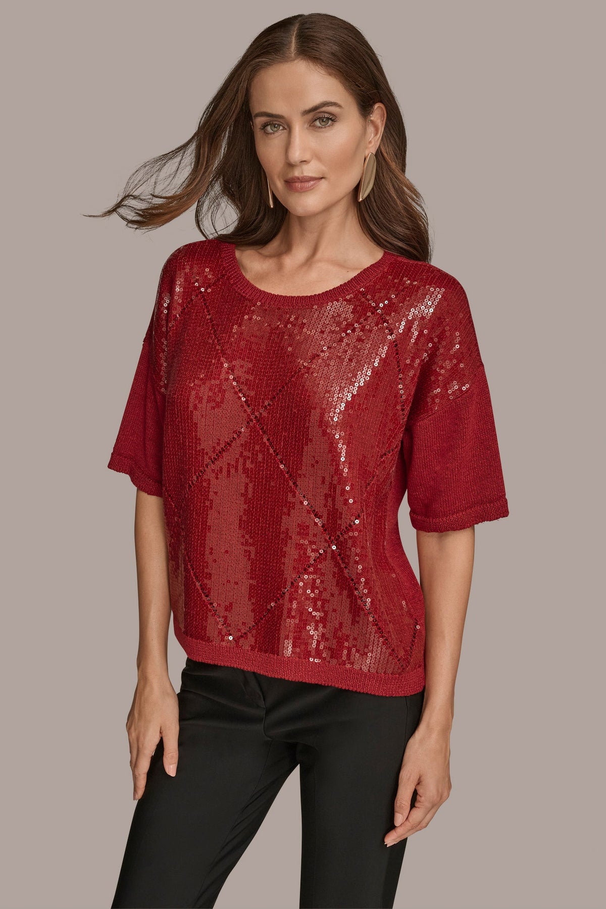 Donna Karan ELBOW-SLEEVE SEQUIN SWEATER