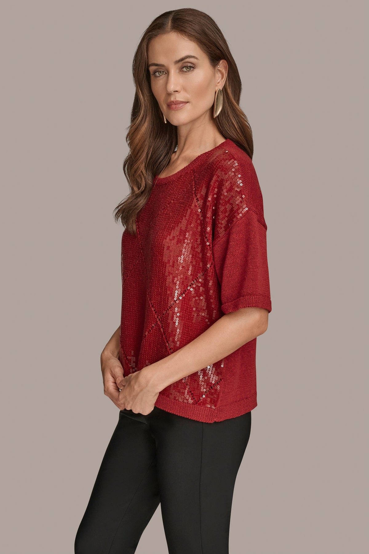 Donna Karan ELBOW-SLEEVE SEQUIN SWEATER
