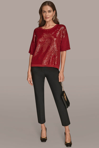 Donna Karan ELBOW-SLEEVE SEQUIN SWEATER