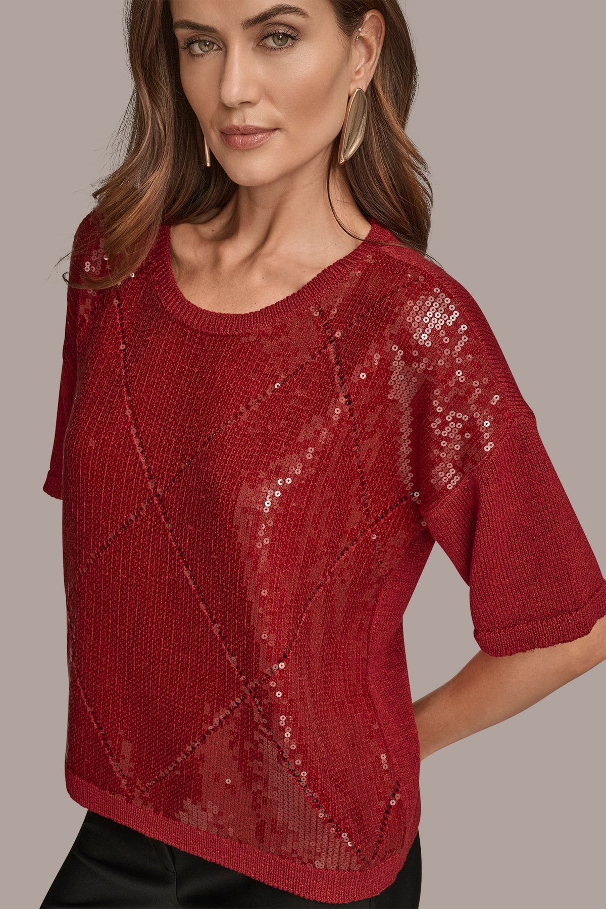 Donna Karan ELBOW-SLEEVE SEQUIN SWEATER