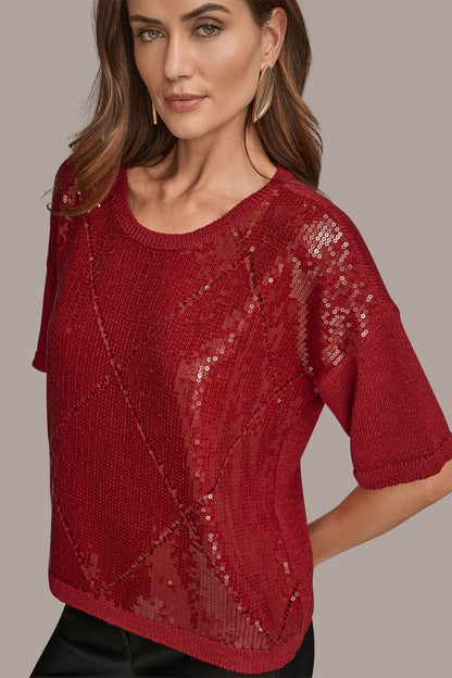 Donna Karan ELBOW-SLEEVE SEQUIN SWEATER