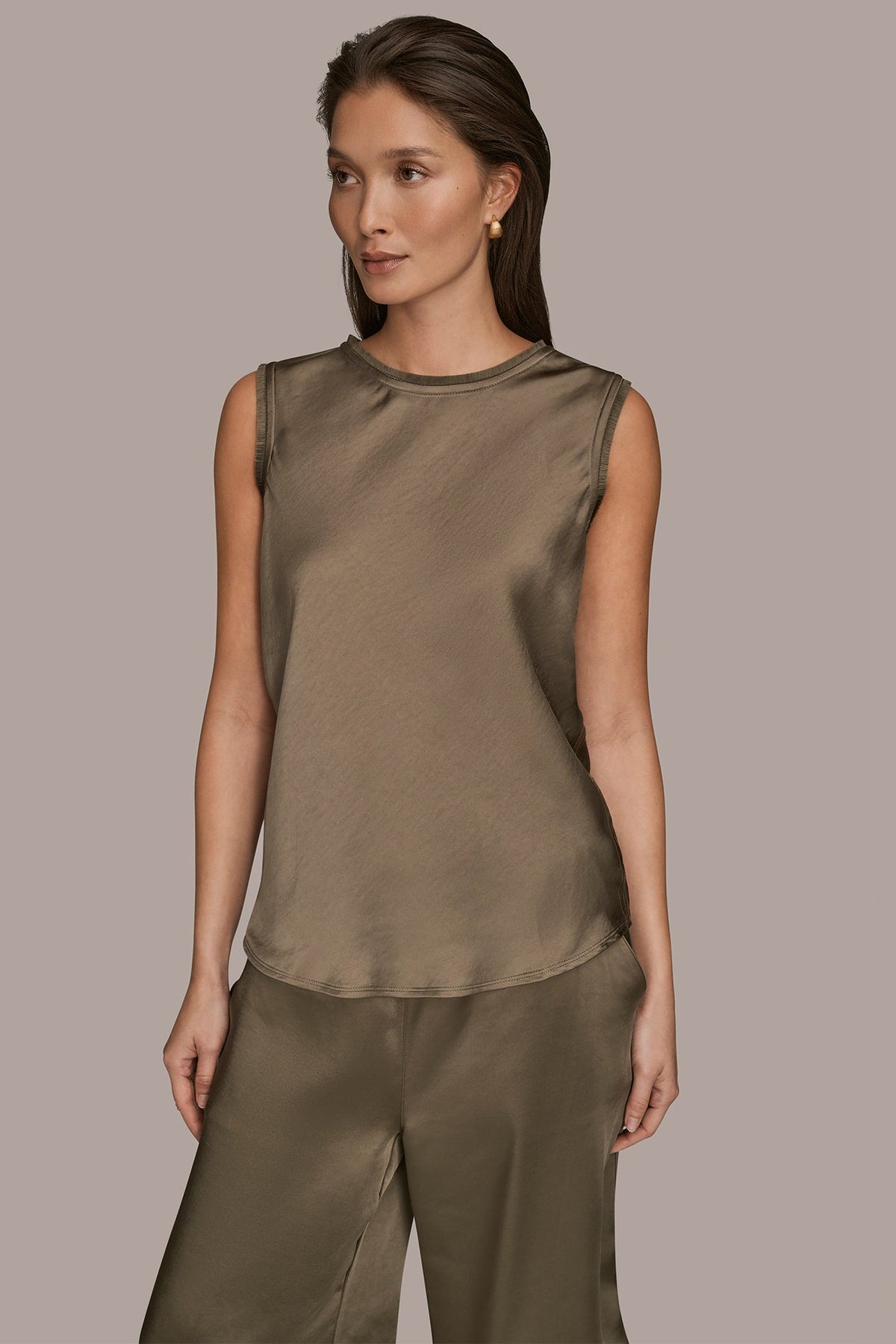 Donna Karan SATIN FRINGE-TRIMMED SLEEVELESS BLOUSE